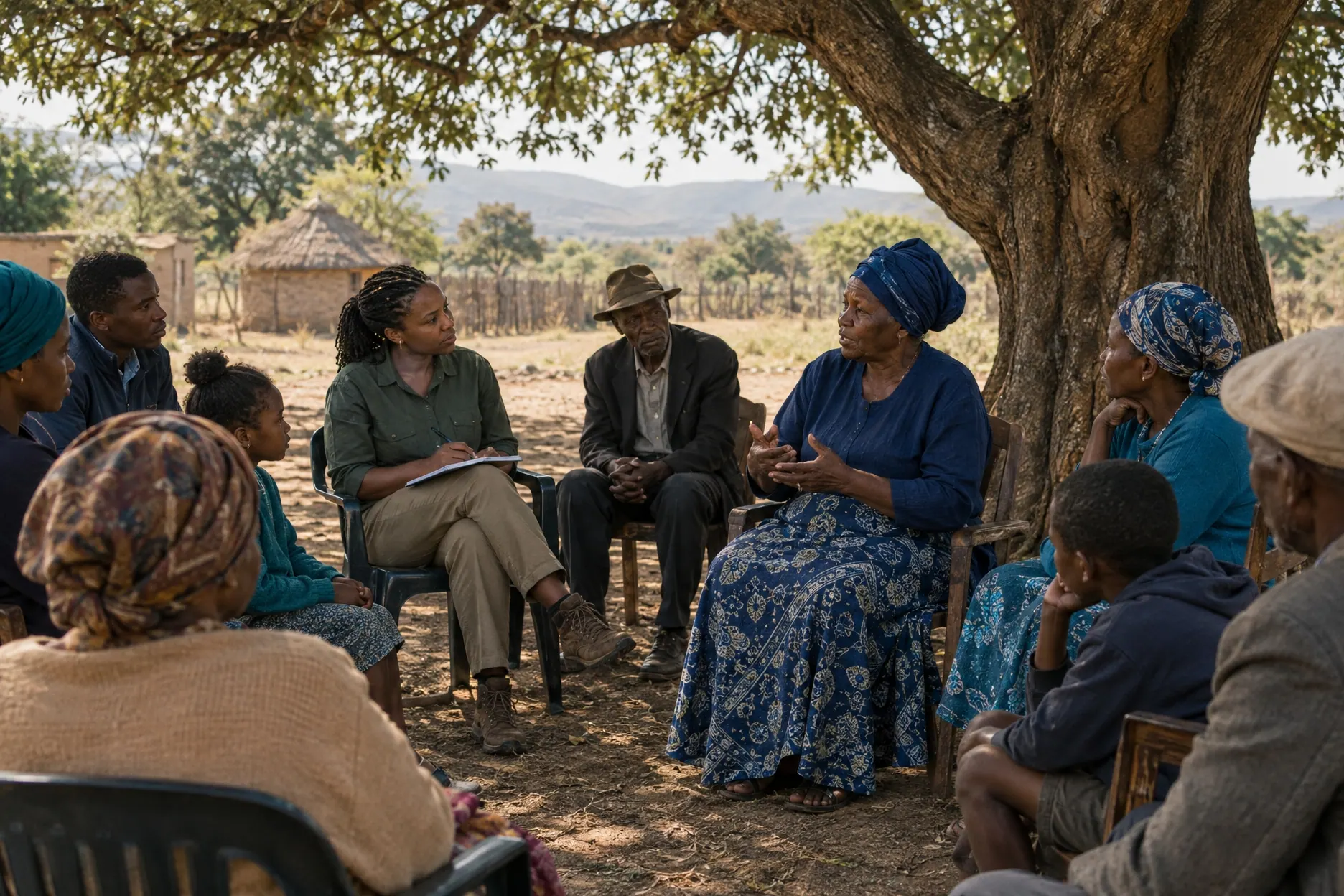 Community members of all ages seated in a circle under a large tree, an older woman speaking while others listen.