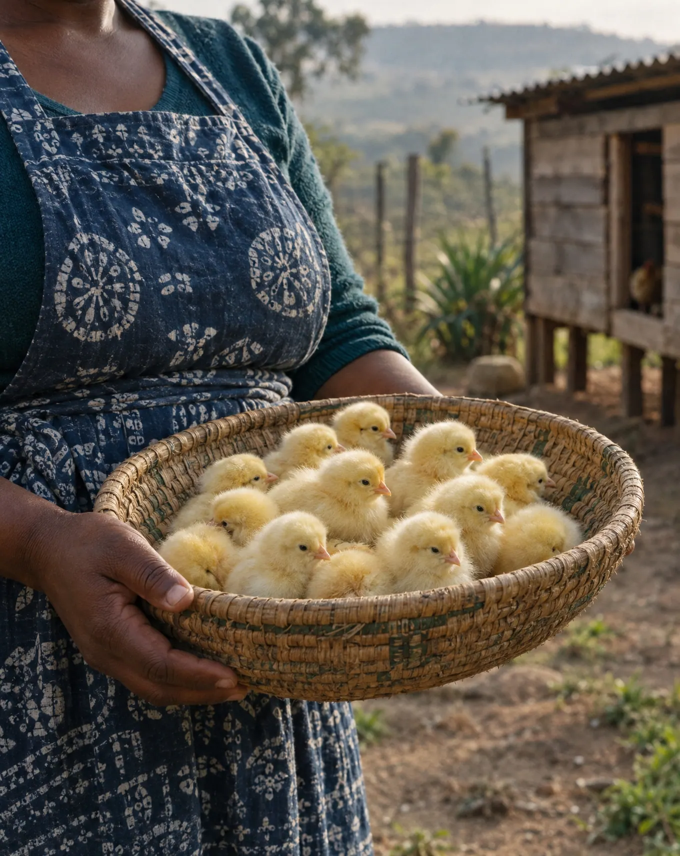A woman’s hands holding a woven basket full of yellow day-old chicks.