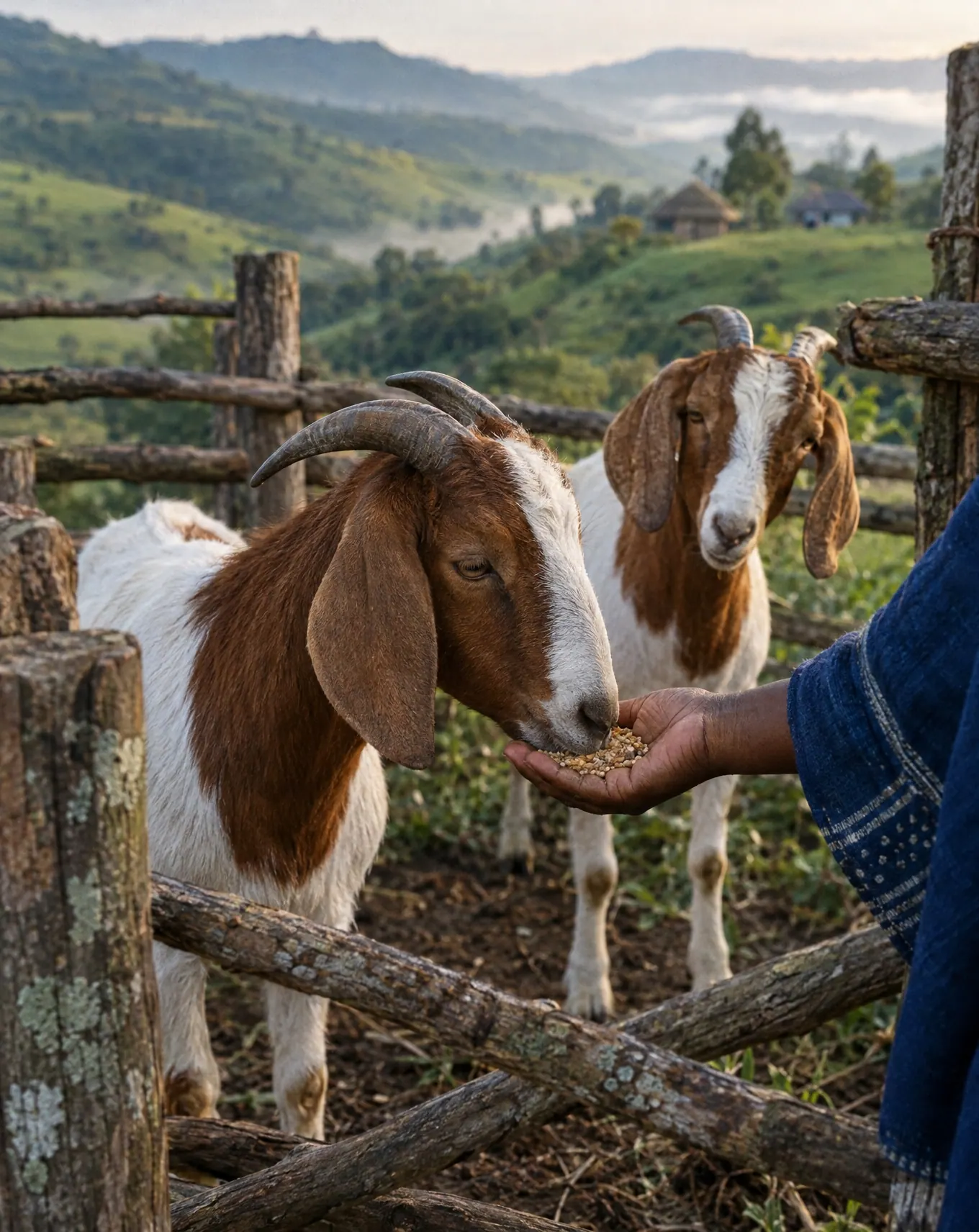 Two brown and white goats in a pole kraal, a hand offering feed.