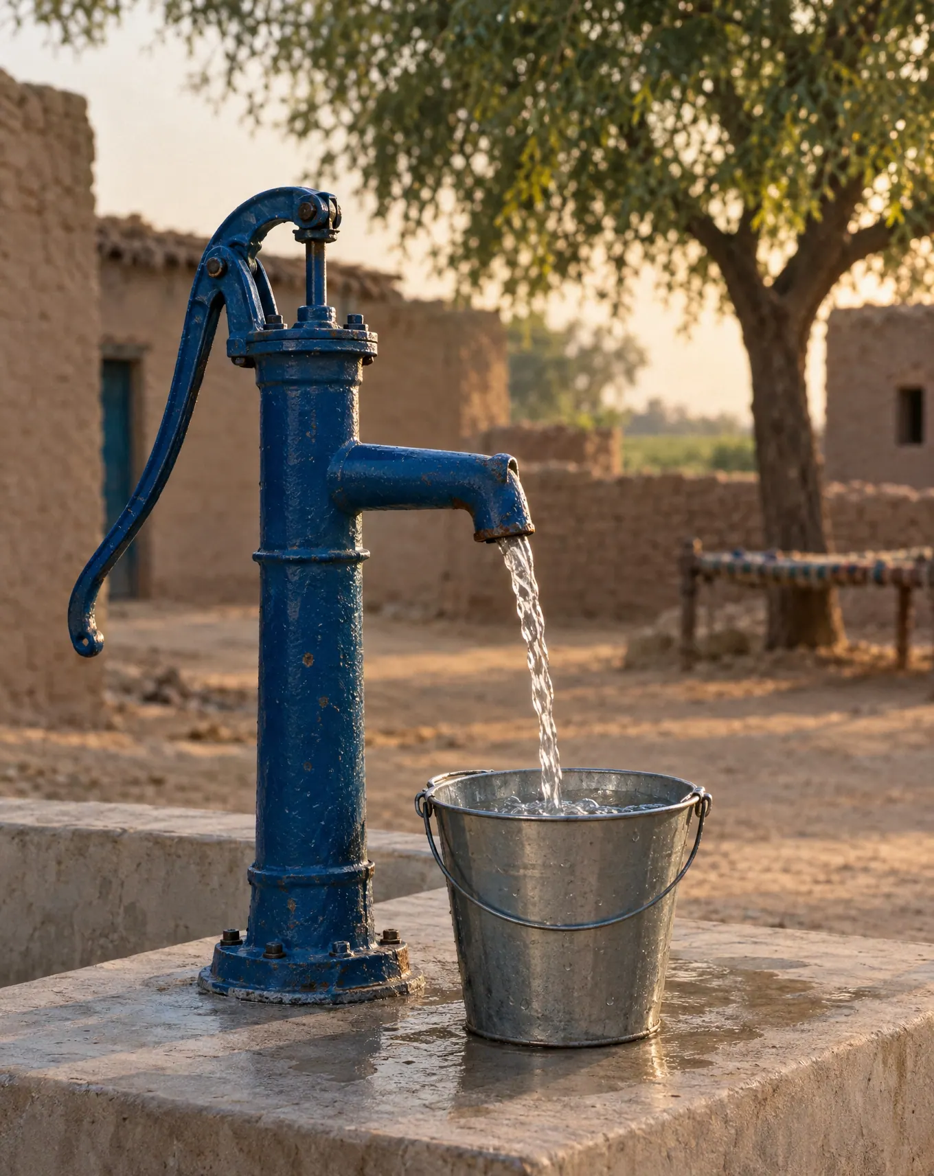 A blue cast-iron hand pump on a concrete platform with water running into a bucket.