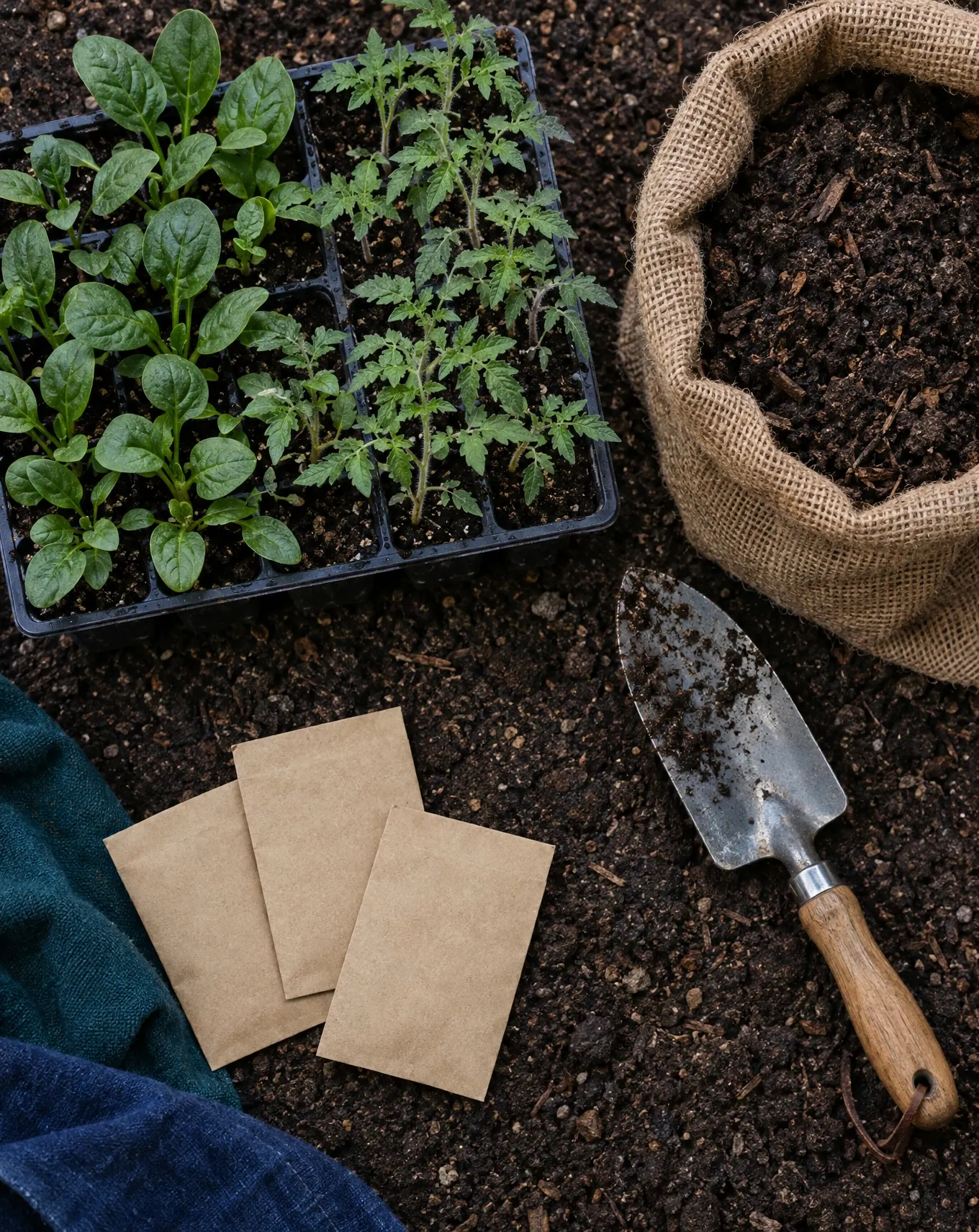A seedling tray of young spinach and tomato plants with a trowel and a bag of compost on dark soil.