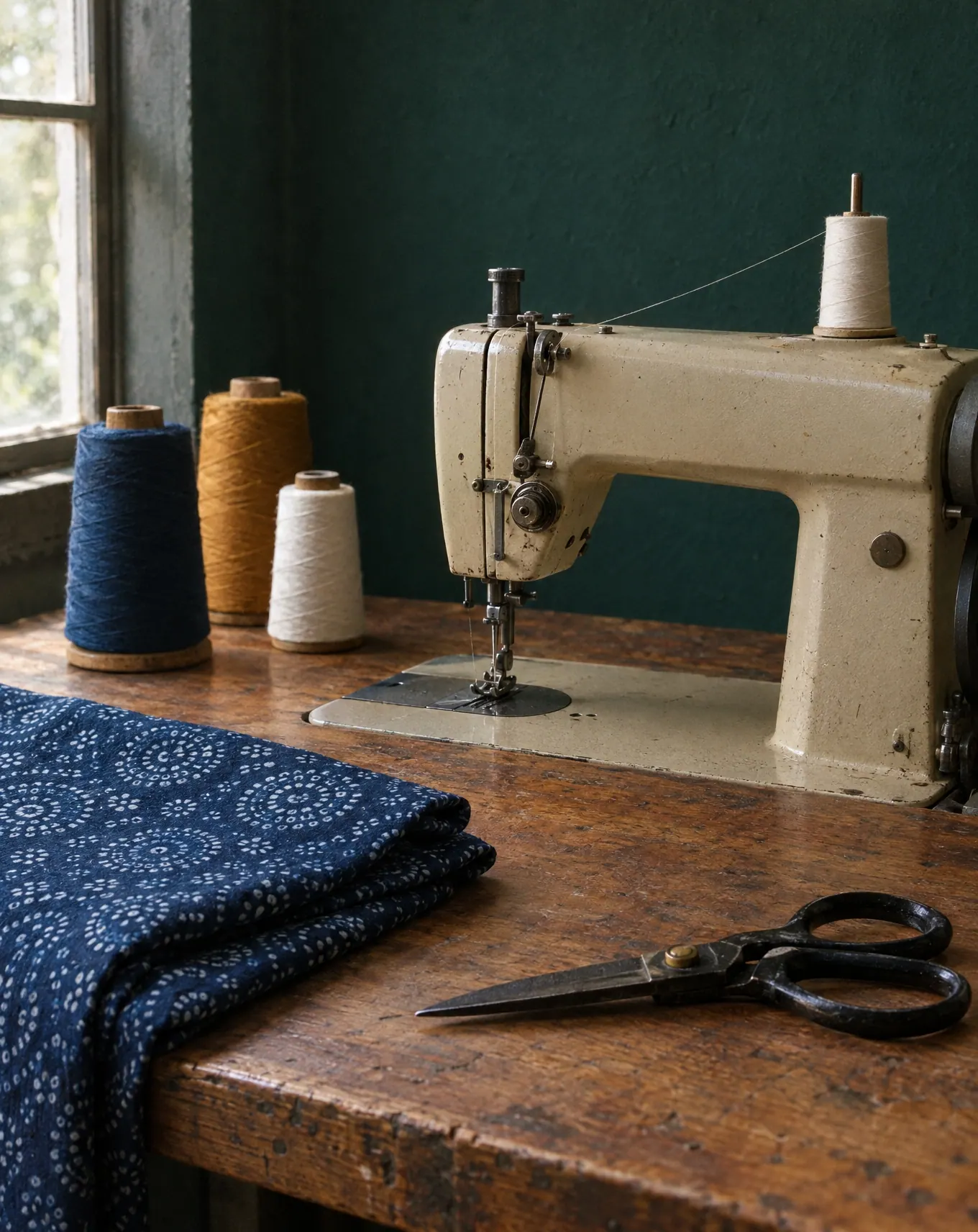 An industrial sewing machine on a wooden bench with spools of indigo, ochre and white thread.