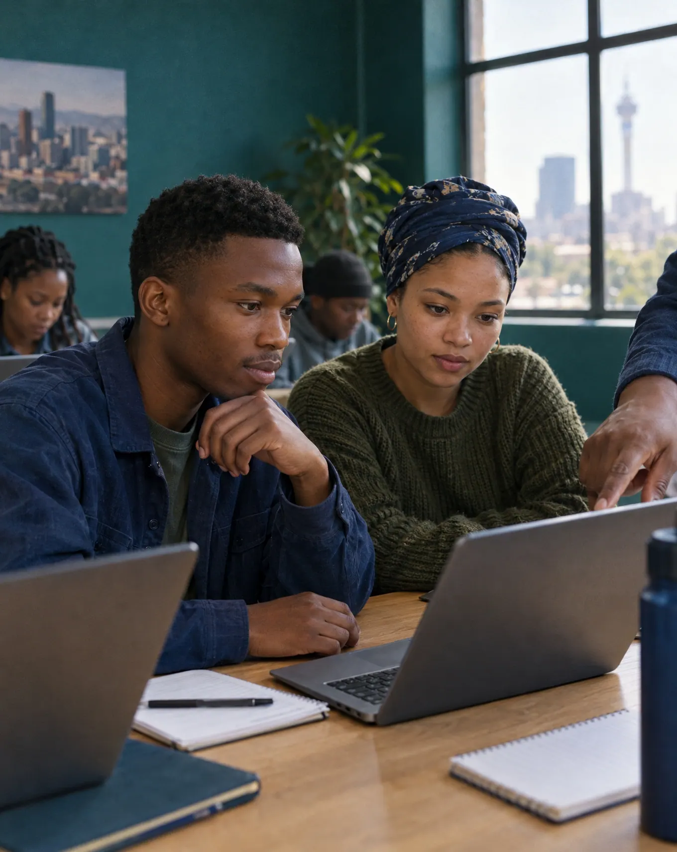 Two young adults at laptops in a bright training room, an instructor pointing at the screen.