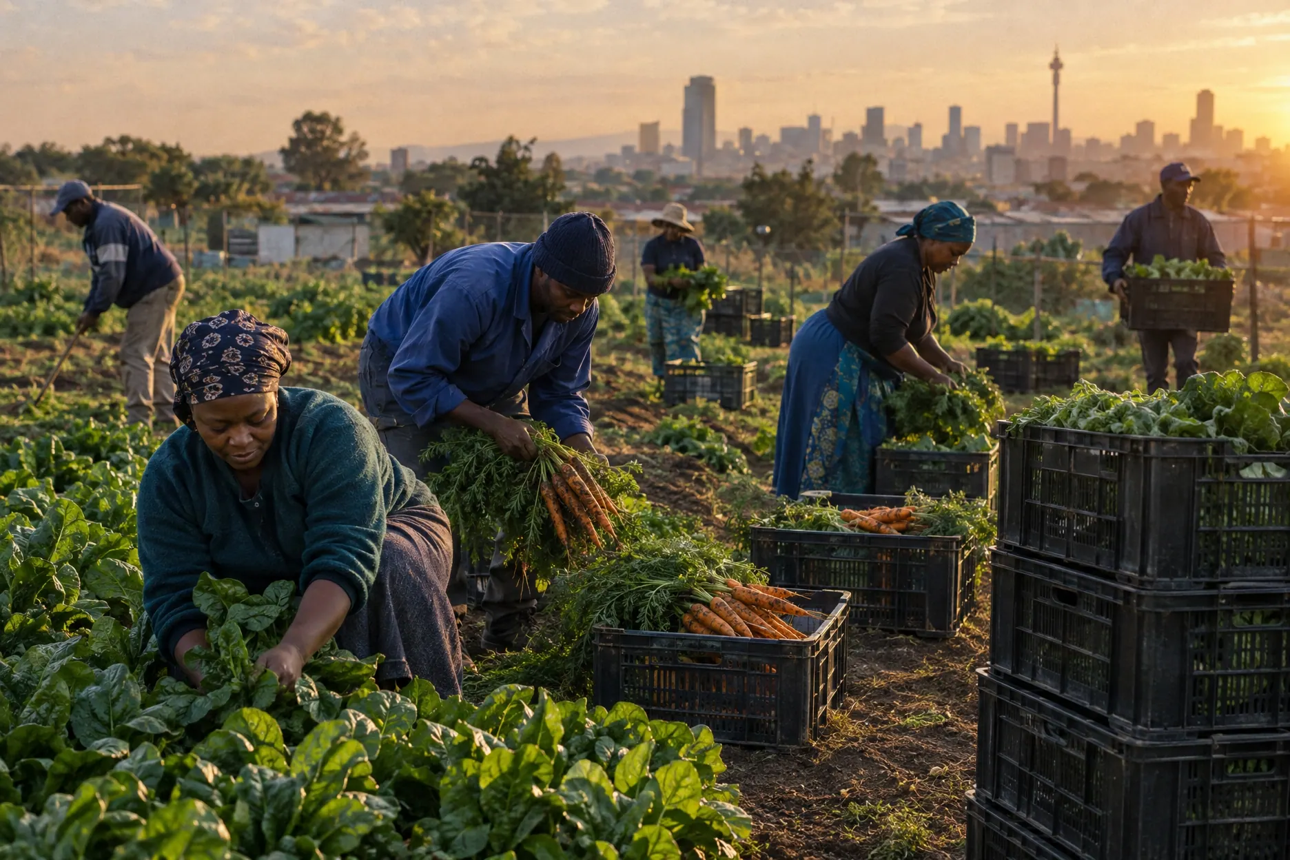 Women and men harvesting spinach and carrots into crates at a community food garden.