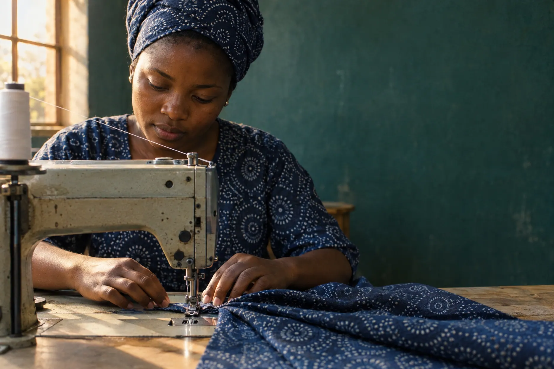 A woman in an indigo headwrap guiding indigo shweshwe cloth through an industrial sewing machine, a white thread running from the spool.
