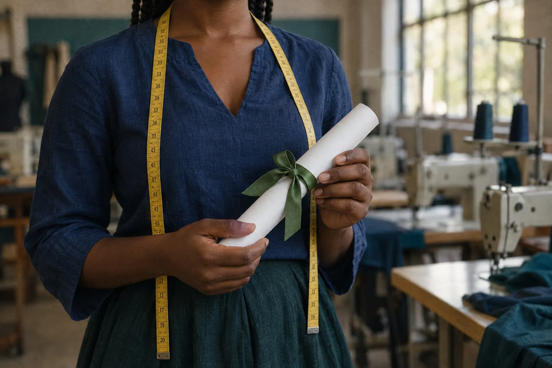 A graduate’s hands holding a certificate tied with a green ribbon, a tape measure around her neck.