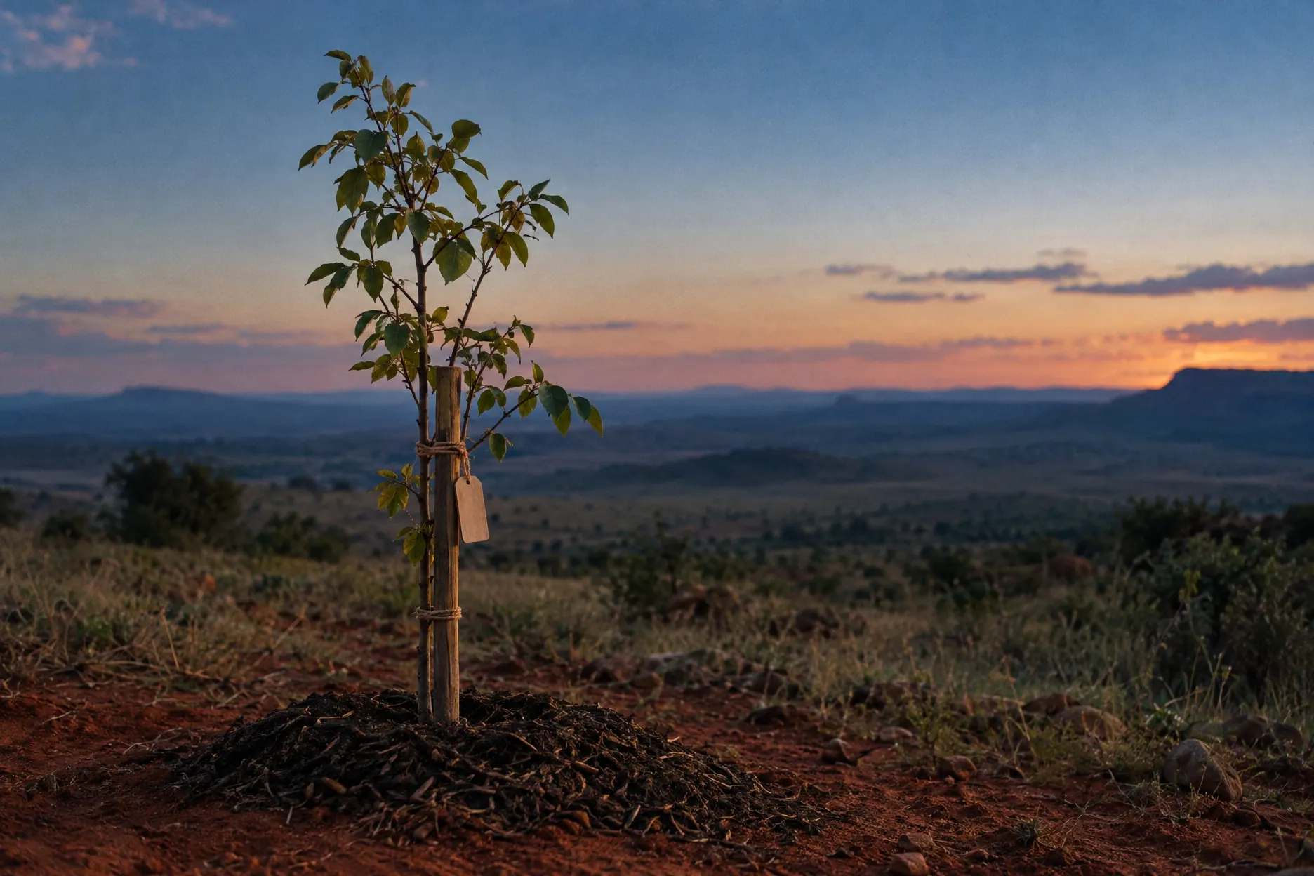 A young tree newly planted in red soil at dusk, a blank wooden tag tied to its stake.