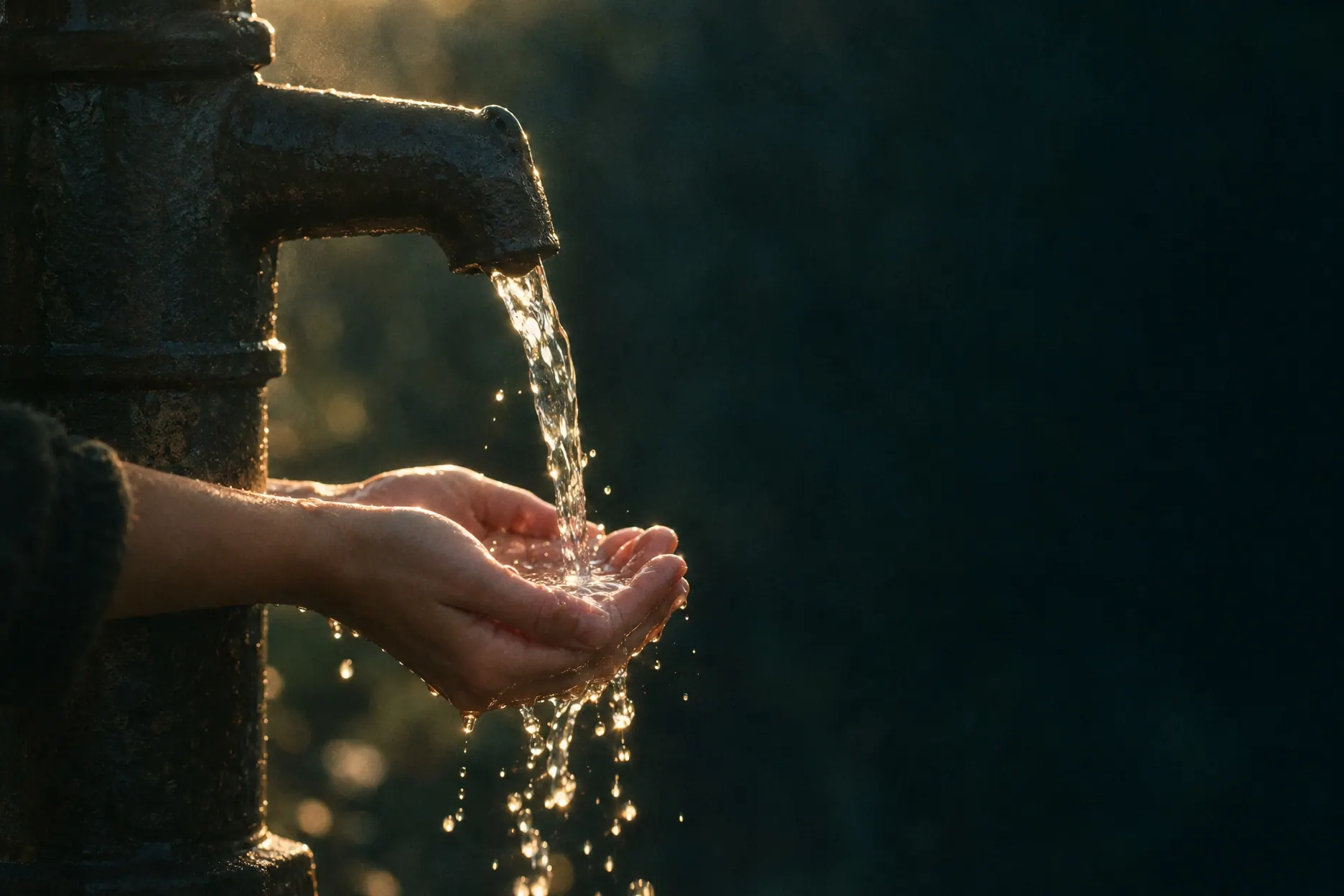 Clear water pouring from a hand pump into cupped hands against a dark teal background.