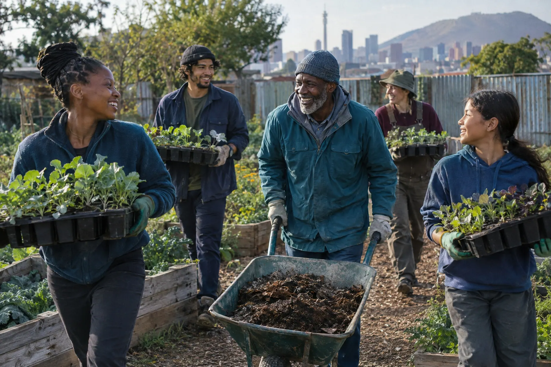 Volunteers in gardening gloves carrying seedling trays and a wheelbarrow of compost across a community garden.